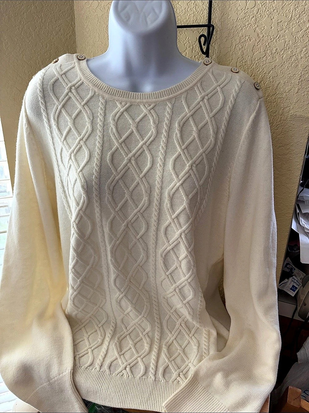 Talbots Cable Knit Button Shoulder Sweater Cream Large
